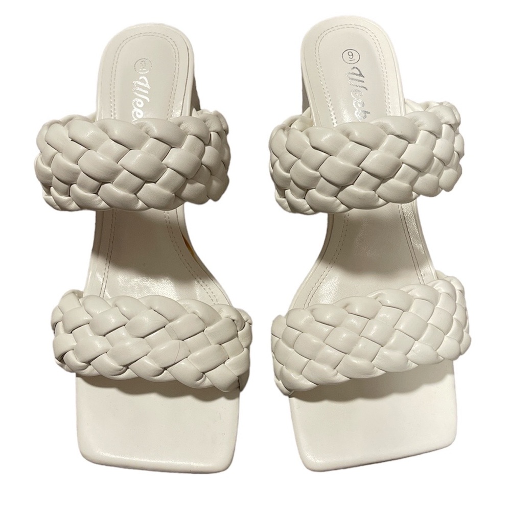 White braided square toe heeled sandals - size 9